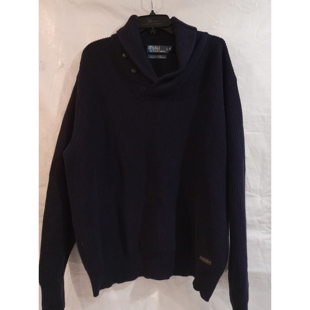 Polo Ralph Lauren Mens XL Navy Blue Cotton Shawl Neck Shaker Knit Sweater Logo